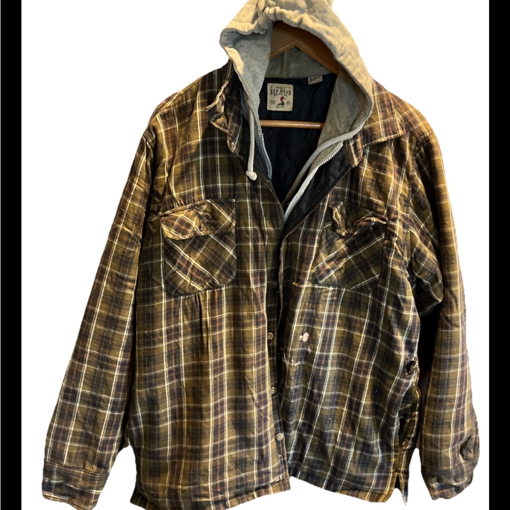 Red Head GREEN grunge hoodie Flannel Zip Button Shirt Jacket WORK Distressed XL